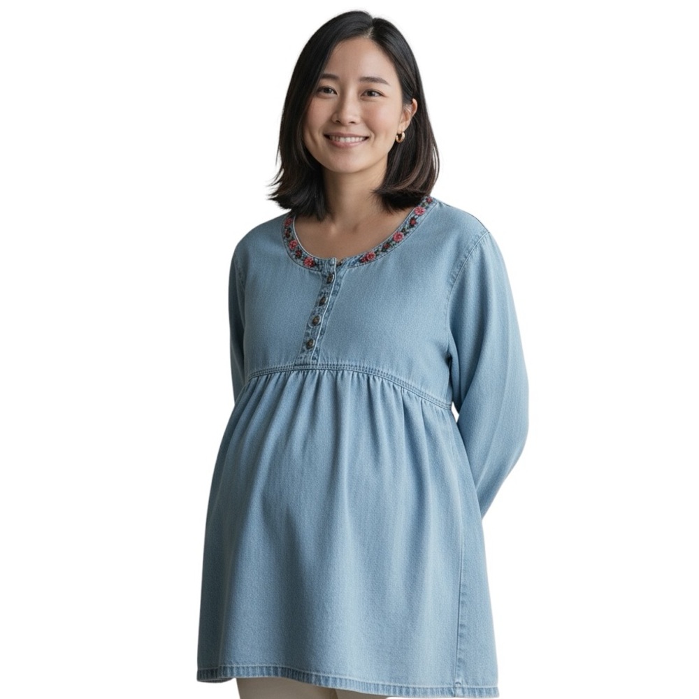 Maternity Denim  Vintage Chambray Babydoll Tunic Top with Floral Embroide